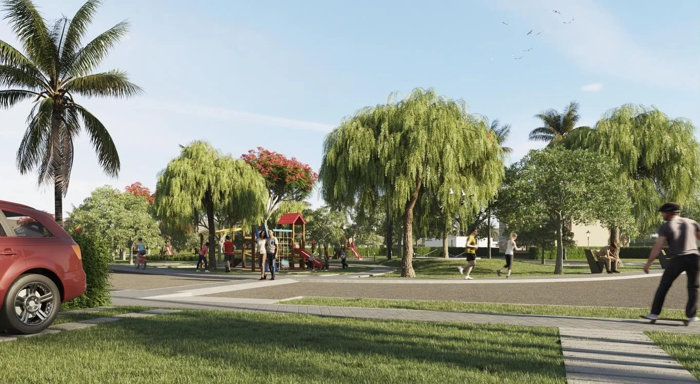 Vista del parque con áreas verdes y senderos en La Reserva